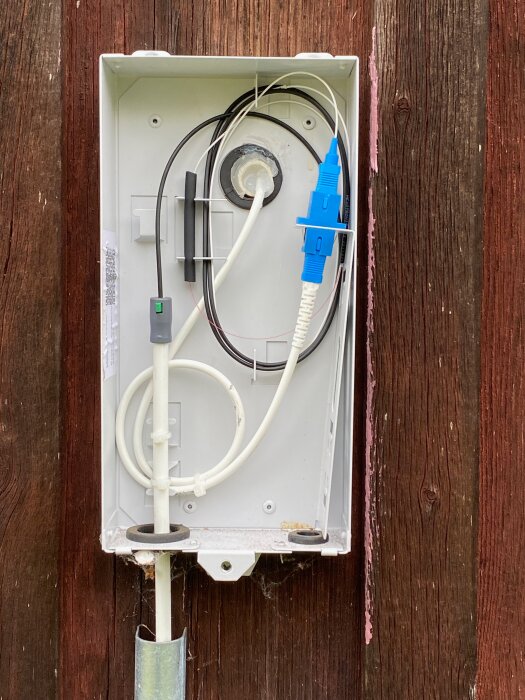 Fiberlåda monterad på vägg med kablar, en blå SC-kontakt synlig.