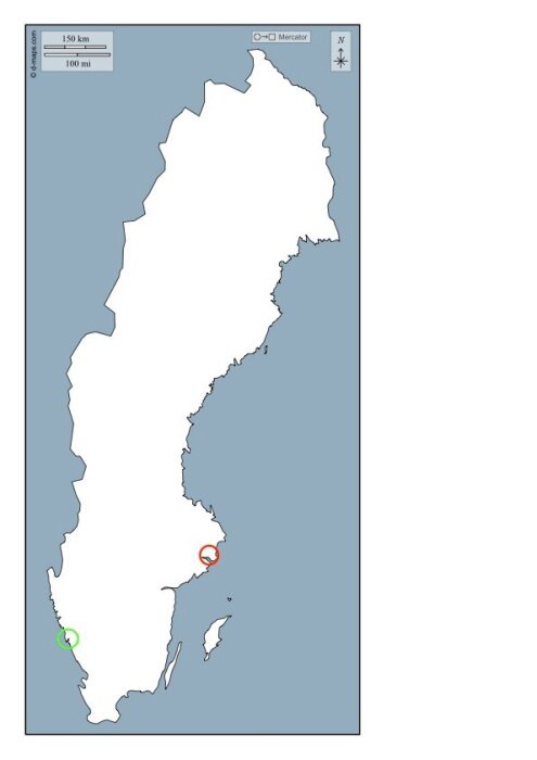 Karta över Sverige med röd ring runt ett område i söder som markerar I-land och grön ring för U-land, under utveckling, i väster.