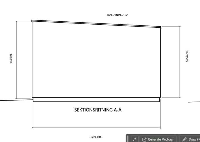 Sektion A-A ritning av ett pulpettak med 1,5 graders lutning, dimensioner: 1076 cm bredd, höjd 650 cm till 595,6 cm.