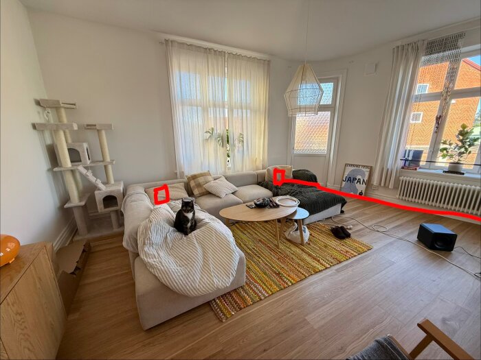 Ljust vardagsrum med hörnsoffa, fåtölj, soffbord, katt på soffan, två vägguttag markerade i rött och en kabel på golvet.