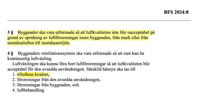 Bild av ett utdrag från Boverkets föreskrifter BFS 2024:8 som diskuterar krav på byggnaders utformning för att upprätthålla god luftkvalitet.