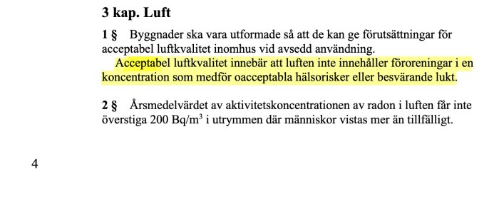 Text om luftkvalitet i byggnader: fokus på acceptera luftföroreningsnivåer och radonkoncentration, med del markerad med gult för att betona viktigt innehåll.