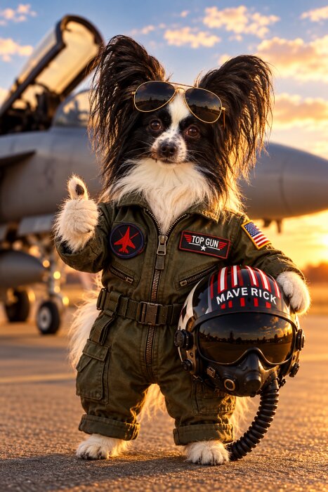 Hund klädd som pilot med solglasögon och hjälm vid ett flygplan i solnedgång, ger tummen upp.