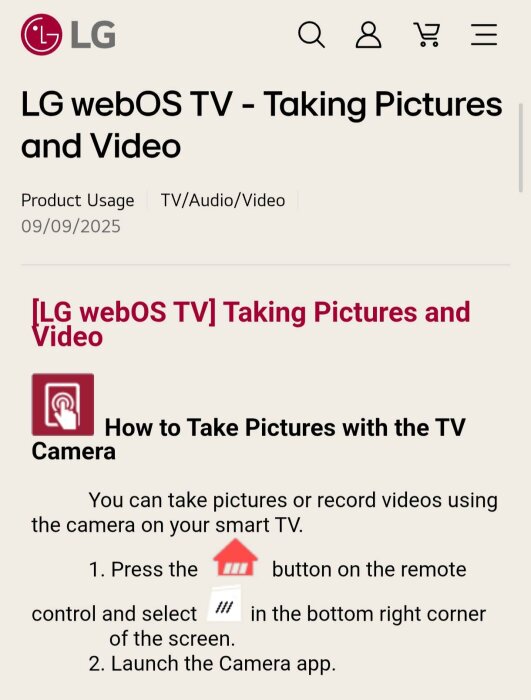 LG webOS TV-instruktioner för att ta bilder och videor med en TV-kamera, med steg för att använda fjärrkontrollen och starta kameraappen.
