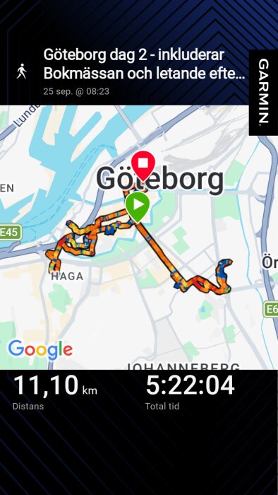 Karta över vandringsrutt i Göteborg dag 2 med 11,10 km total distans och 5 timmar 22 minuter tidsåtgång.