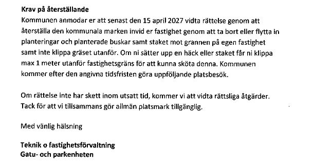Brev från kommunen med krav på återställande av mark och information om rättsliga åtgärder vid utebliven åtgärd före 15 april 2027.
