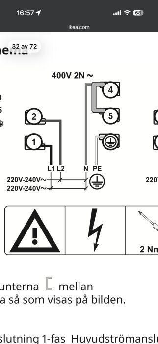 Elektrisk ledningsschema för 400V 2N~ anslutning med instruktioner, markeringar för L1, L2, N, PE och varningssymboler för fara och åtdragning.