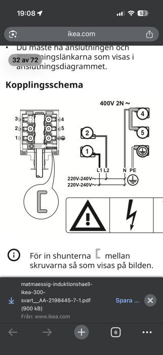 Kopplingsschema för spisinstallation med spänningsangivelser 220V-240V och 400V 2N, inklusive anslutningar och säkerhetssymboler.
