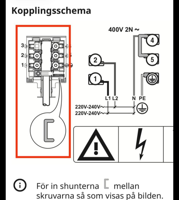 Kopplingsschema som visar var shuntarna ska placeras mellan skruvar i hällen för att koppla ihop anslutningar, med varningar och symboler för elanslutning.