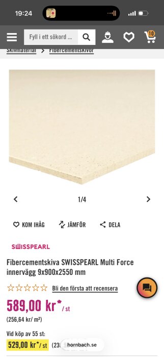 Närbild av en fibercementskiva från SWISSPEARL, modell Multi Force, för innerväggar med måtten 9x900x2550 mm, tillgänglig på hornbach.se.