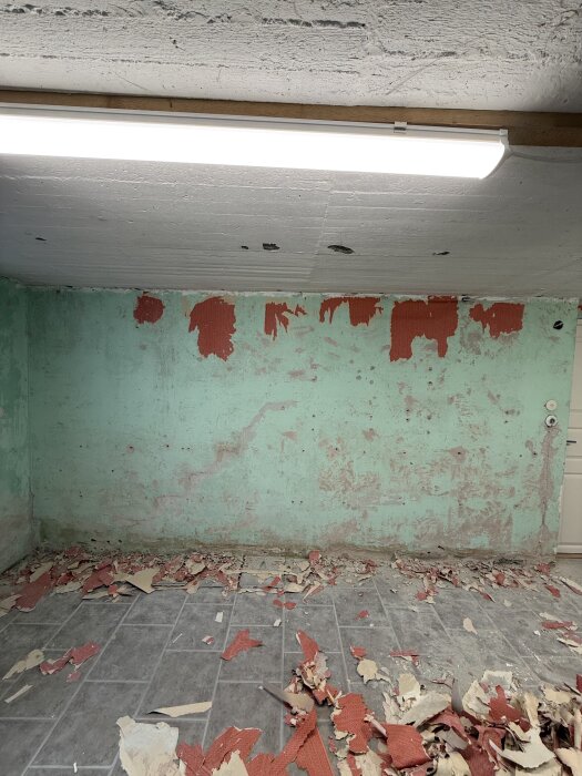 Vägg täckt av avlägsnade tapetrester mot grönt bakgrund, bråte på golvet och lysrör i taket. Renovering pågår.