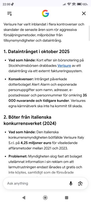 Skärmbild med text om Verisures kontroverser och böter från italienska konkurrensverket samt ett dataintrång hösten 2025.