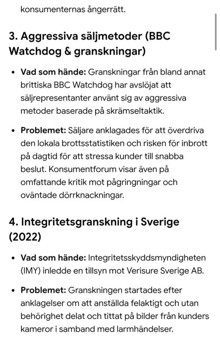 Text om aggressiva säljmetoder av Verisure, granskat av BBC Watchdog, och integritetsgranskning i Sverige 2022.