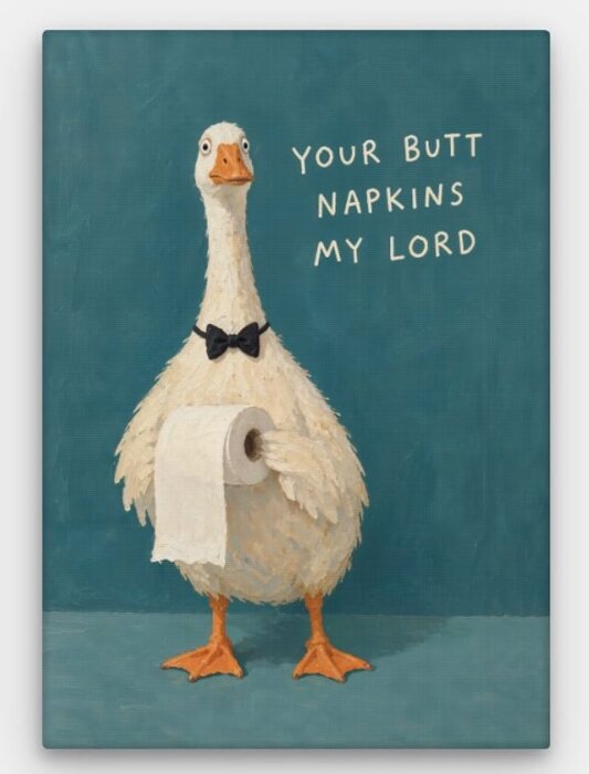 Anka med fluga håller toalettpappersrulle mot blå bakgrund med texten "Your butt napkins my lord".