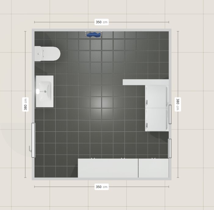 Planlösning för en källarvåning med toalett, handfat och möbler, med måtten 350 cm x 380 cm markerade.