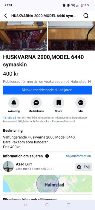 Husqvarna 2000, Model 6440 symaskin till salu för 400 kr, beskrivs som välfungerande med endast raksöm. Bild av sybord med matta.
