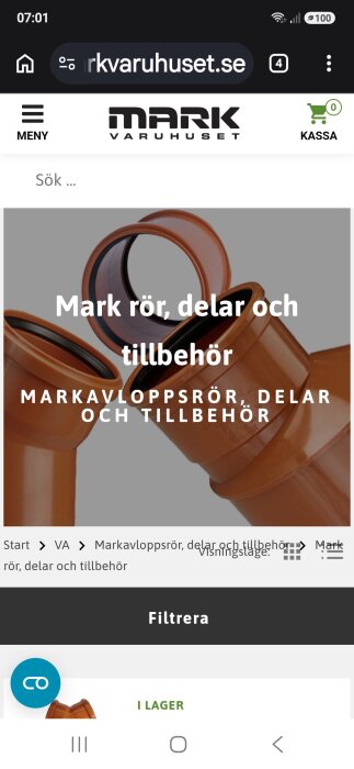 Skärmdump av en webbsida för Markvaruhuset med fokus på markavloppsrör, rördelar och tillbehör.