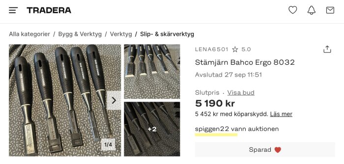 Flera Bahco Ergo 8032 stämjärn på en Tradera-auktion.