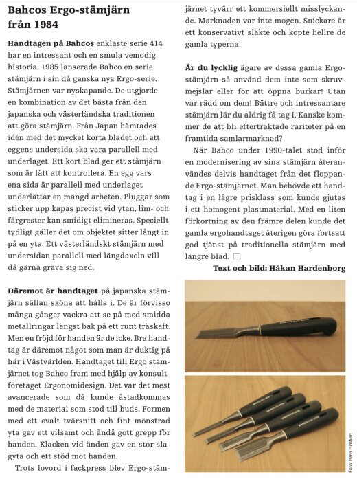 Två bilder av Bahco Ergo-stämjärn från 1984 med svarta handtag, utplacerade på en trämönstrad yta. En bild visar ett stämjärn, den andra visar tre tillsammans.