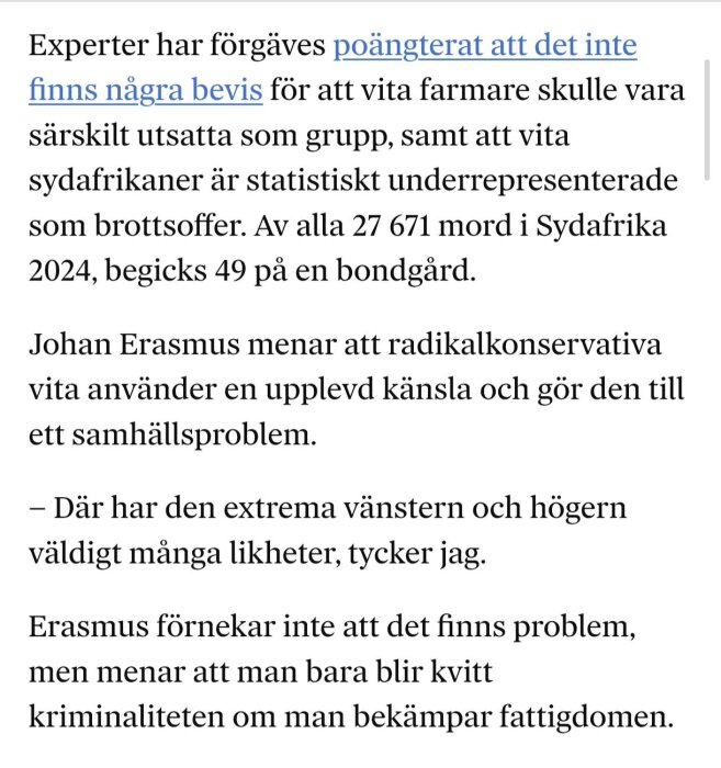 Tidningsartikel om brottsstatistik och vita farmare i Sydafrika, med uttalande av Johan Erasmus om kriminalitet och fattigdom.