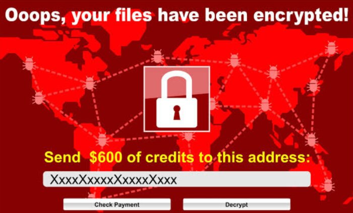 Ransomware-meddelande om krypterade filer, kräver $600 i betalning för dekryptering; bakgrund visar en världskarta med virusikoner.