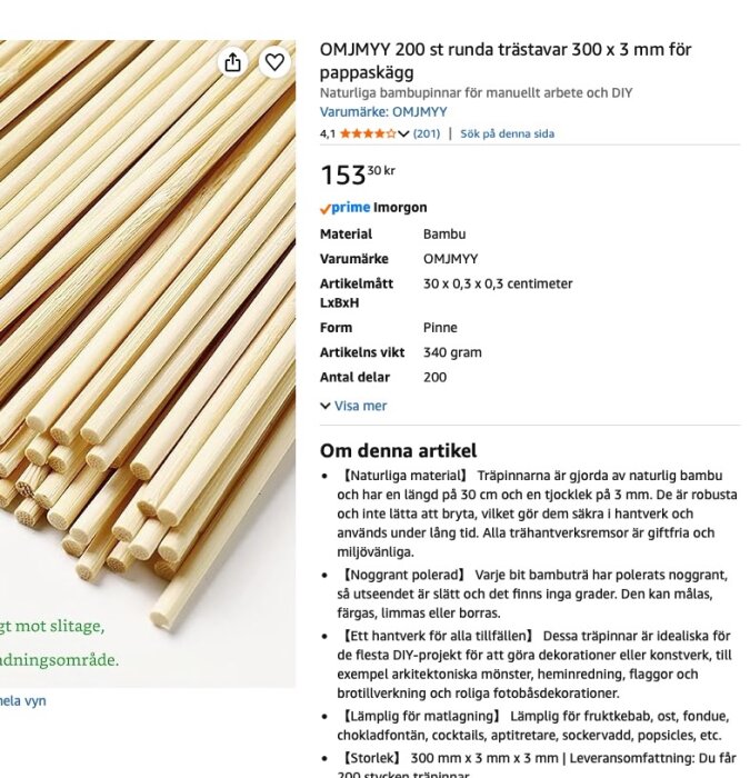 Bild av omärkt produkt från webbsida: 200 st bambupinnar 300 x 3 mm för hantverk.