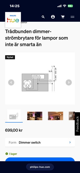 Kopplingsschema för en trådbunden dimmerbrytare från Philips Hue för lampor som inte är smarta.
