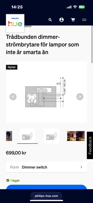 Diagram över kopplingsschema för Philips Hue trådbunden dimmerströmbrytare, visar anslutningar och voltangivelser.