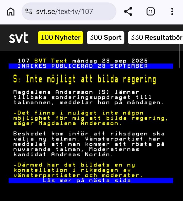 SVT Text-sida med rubriken "Inte möjligt att bilda regering" med citat från Magdalena Andersson om att lämna tillbaka sonderingsuppdraget.