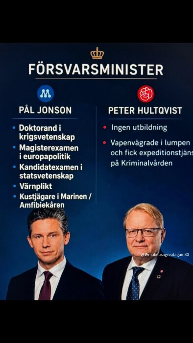 Infografik som jämför utbildning och erfarenhet för två försvarsministrar. Textbeskrivning av deras akademiska meriter och bakgrund.