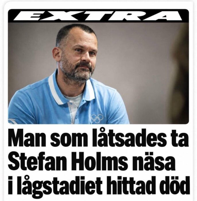 Tidningsomslag med rubrik om en man, bild på en man i blå pikétröja med oskärpa i bakgrunden.