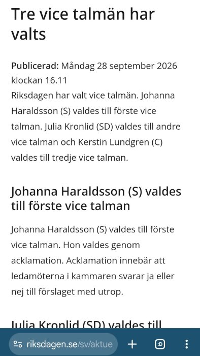 Text som beskriver val av tre vice talmän i riksdagen: Johanna Haraldsson (S), Julia Kronlid (SD) och Kerstin Lundgren (C).