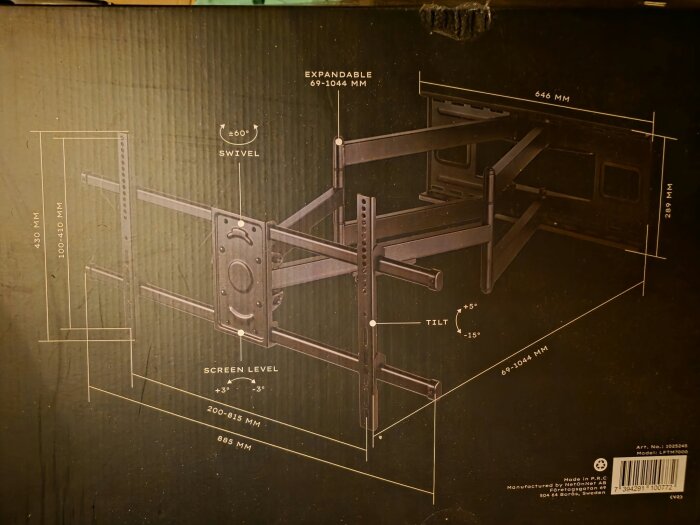 Diagram över ett justerbart TV-väggfäste med mått och vinklar för svängning och lutning.