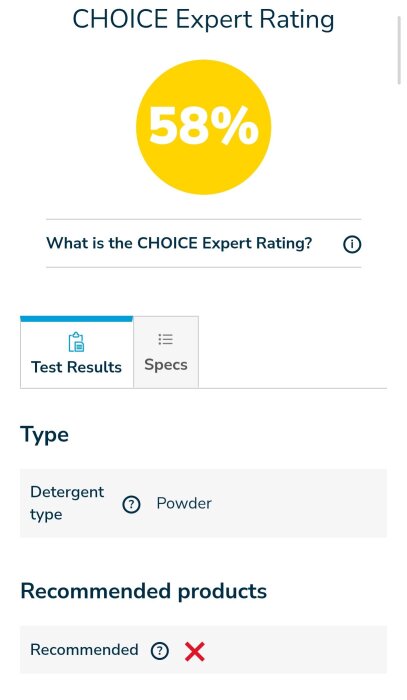 CHOICE Expert Rating på 58% för Finish Concentrated Powder Classic, ej rekommenderat.