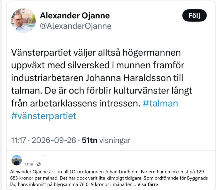 En tweet där Alexander OJanne ifrågasätter Vänsterpartiets val till talman, med fokus på klass och uppväxtvillkor.