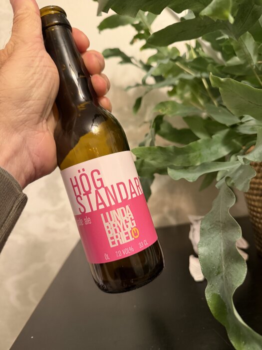 En hand håller en ölflaska med etikett "HÖG STANDARD" och "LUNDA BRYGGERI", omgiven av grönska.