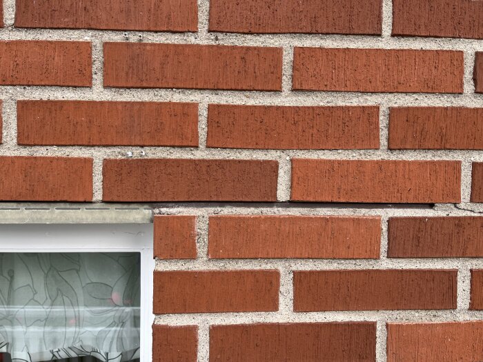 Röd tegelfasad med lös bruk framför vinkelbalk ovanför ett fönsterparti, vilket visar behov av underhållsåtgärder.