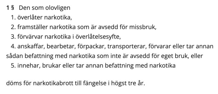Text från narkotikastrafflagen om olaga överlåtelse, framställning, förvärv, förvaring eller innehav av narkotika med straff upp till tre års fängelse.