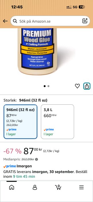 Bild av en Amazon-produkt med Titebond trälim, premium wood glue, 946 ml. Priset är rabatterat till 87 kr med gratis leverans nästa dag.