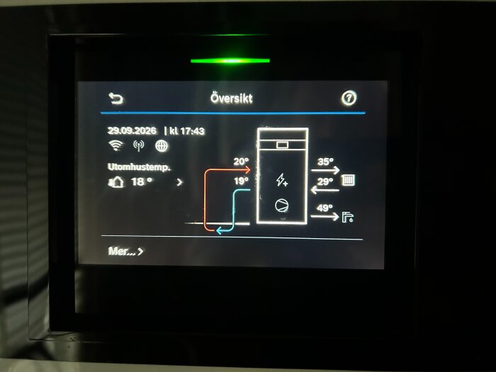 Skärmvy av en värmepumps display med temperaturangivelser och systemstatus, inklusive datum och tid.