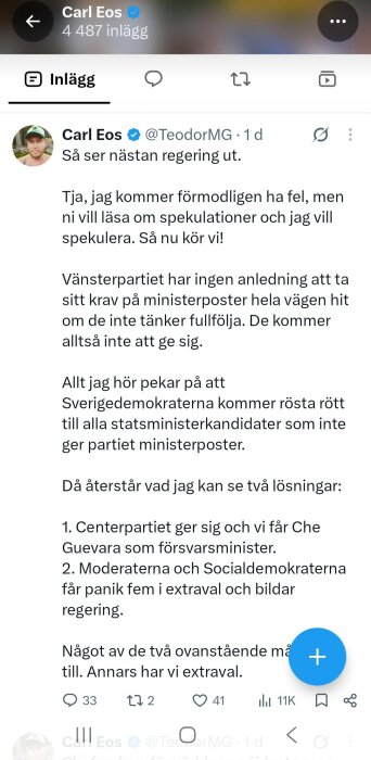 Tweet av användare med spekulationer kring Sveriges politiska situation, inkluderande möjliga ministerposter och extraval.