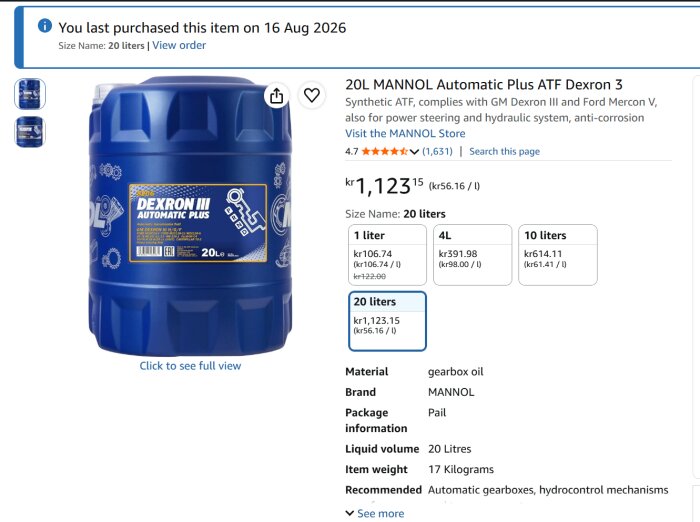 Blå dunk med 20 liter MANNOL Automatic Plus ATF Dexron 3. Produktpris kr1,123.15; syntetisk växellådsolja.