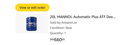 Blå 20L behållare med etikett "MANNOL Automatic Plus ATF Dex...". Köpt från Amazon.se, ny, 660,03 SEK. Alternativ att se eller redigera order.