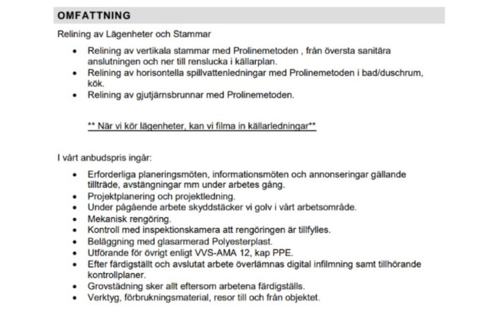 Anbudsdokument med beskrivning av relining av stammar och brunnar med Prolinemetoden, inklusive tjänster och villkor.