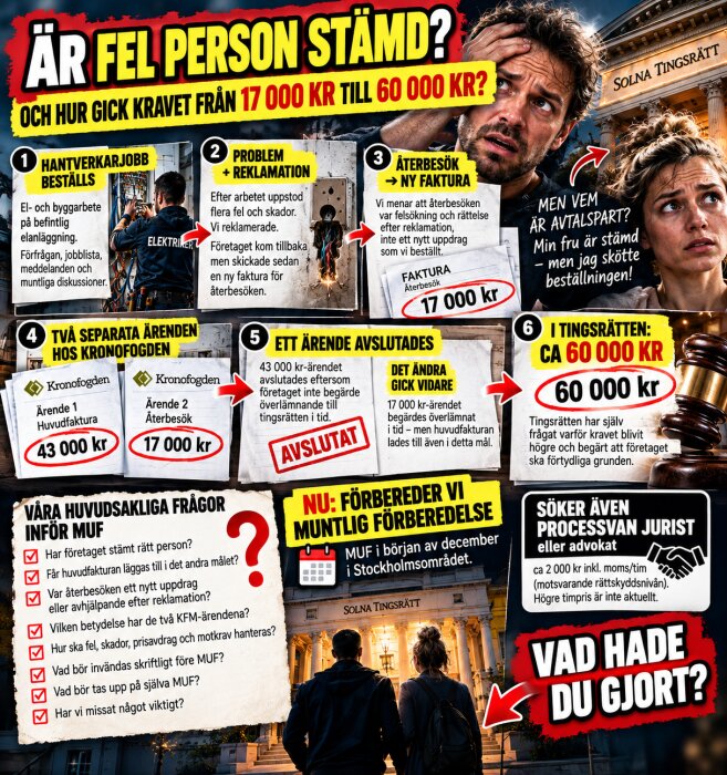 Diskussionscollage om en rättstvist: hantverkarjobb, reklamationer, Kronofogden, tingsrätt och förberedelse inför muntlig förhandling i december.