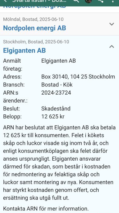 Skärmdump av konsumentärende mot Elgiganten AB där ARN beslutat om skadestånd på 12 625 kr för felaktiga köksskåp.