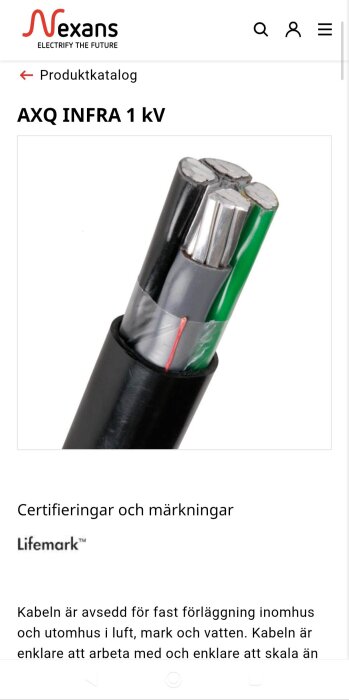 Aluminiumkabel AXQ INFRA 1 kV med fyra ledare, inklusive gulgrön PEN-ledare, i produktkatalog från Nexans.
