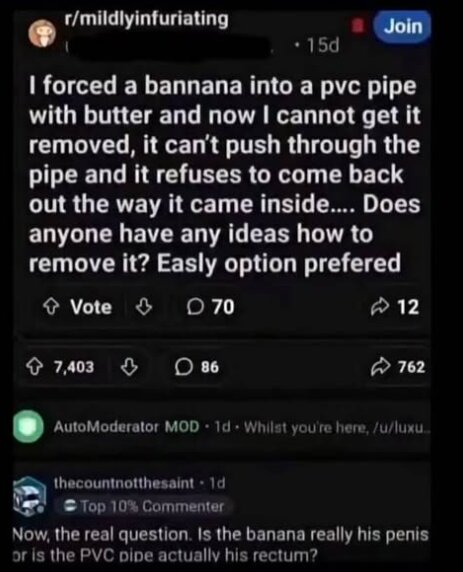 En skärmdump av ett inlägg på ett forum där någon beskriver att de har fastnat en banan i ett PVC-rör med smör och frågar hur de kan ta bort det.