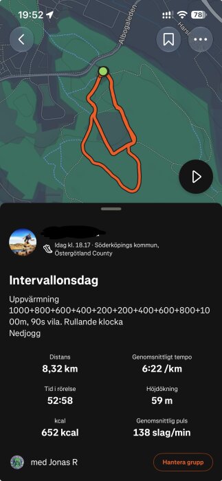 Karta över löprunda med intervallträning i Söderköping, inklusive distans, tempo, kalorier och pulsdata.