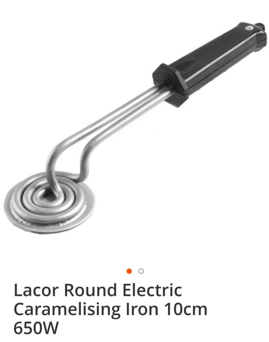 Elektrisk karamelliseringsjärn från Lacor, 10 cm, 650W, med rund värmeyta och svart handtag, för användning vid matlagning och karamellisering.